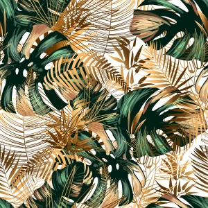 Oxford wzór liście złote i zielone na białym