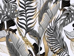 Satyna premium wzór liście złote i srebrne na białym