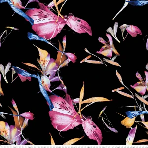 Szyfon ala jedwab kwiaty alstremerii na czarnym tle