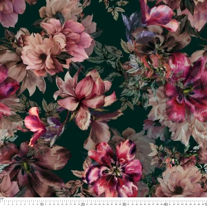 Szyfon ala jedwab kwiaty magnolii na butelkowej zieleni