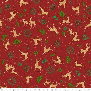 Stretch wzór złote renifery na czerwonym tle