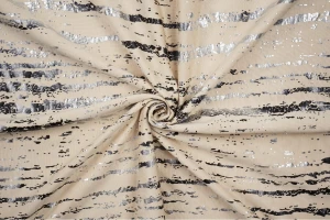 Dzianina jersey beż cieniowane pasy czarny i srebrny