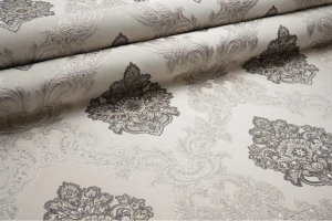 Żakard zasłonowy szary z kością słoniową, perłą i złotem (dwustronna)