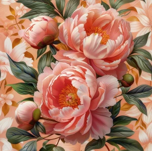 Oxford wzór peonie na morelowym tle