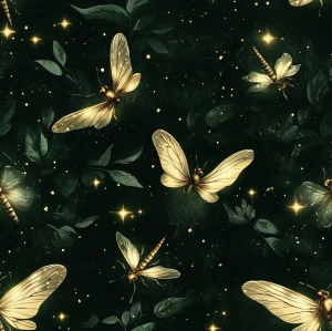 Oxford wzór złote ważki na ciemnej zieleni