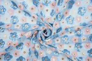 Siatka z cekinami w  kwiaty błękitna